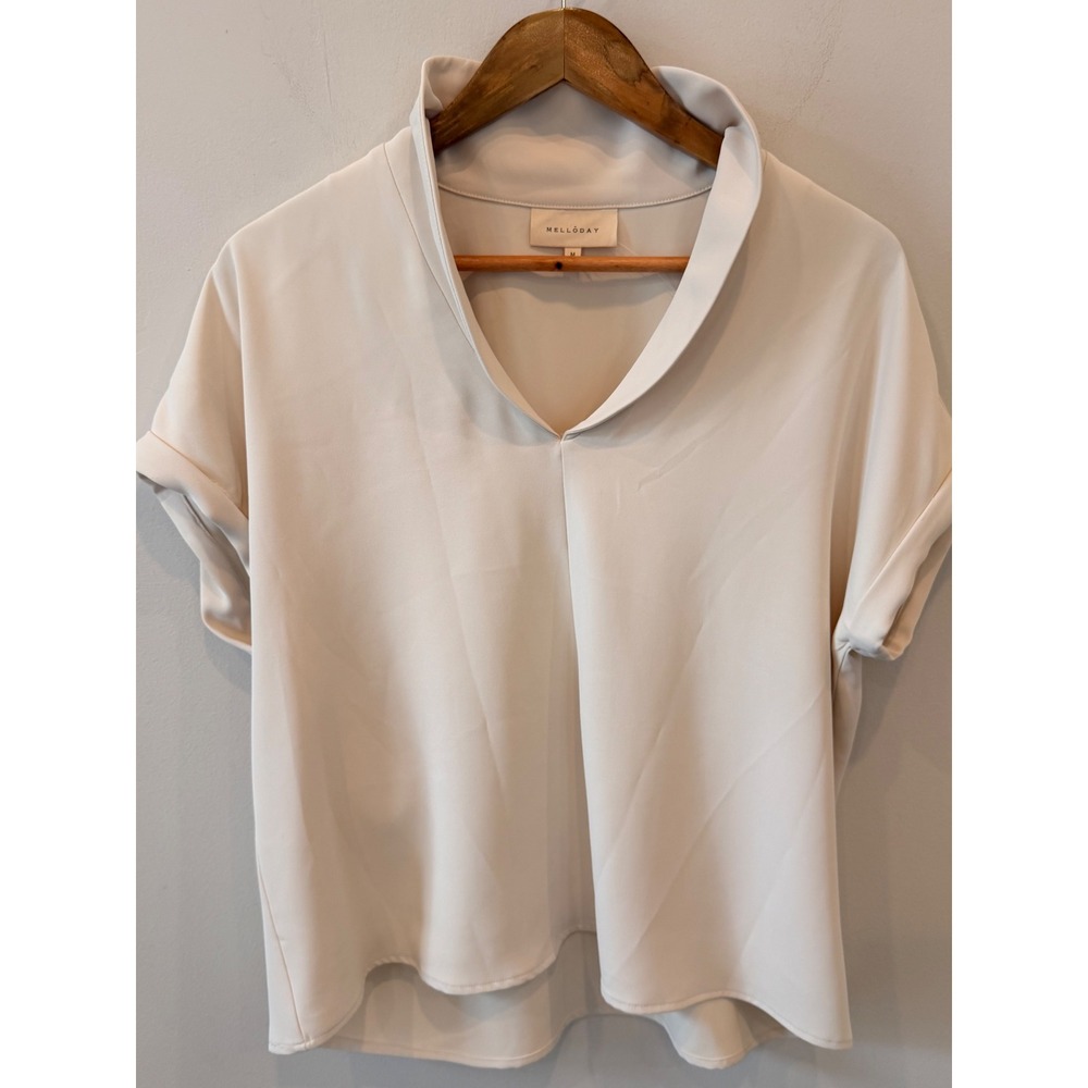 Melloday Womens Cream Shawl Collar V-Neck Blouse Cuffed Cap Sleeve M Blouse
